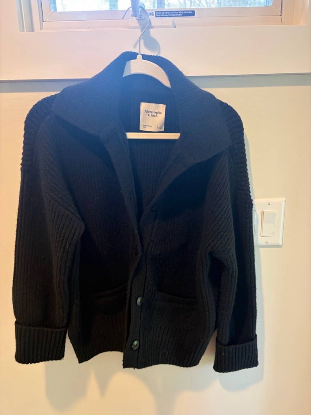 Abercrombie & Fitch Black Ribbed Shawl-Collar Button Cardigan